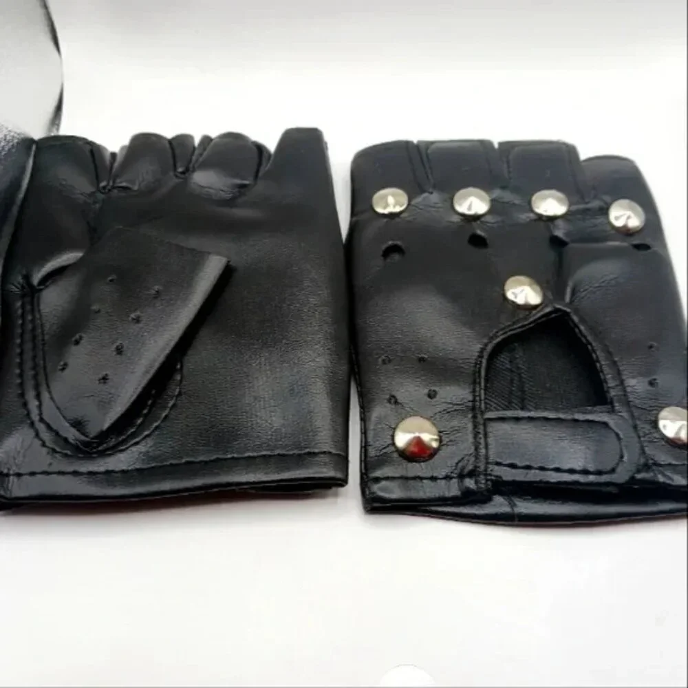 Lot Of 2 Fingerless Gloves Faux Leather Studded + Skelton Print-Black-Unisex